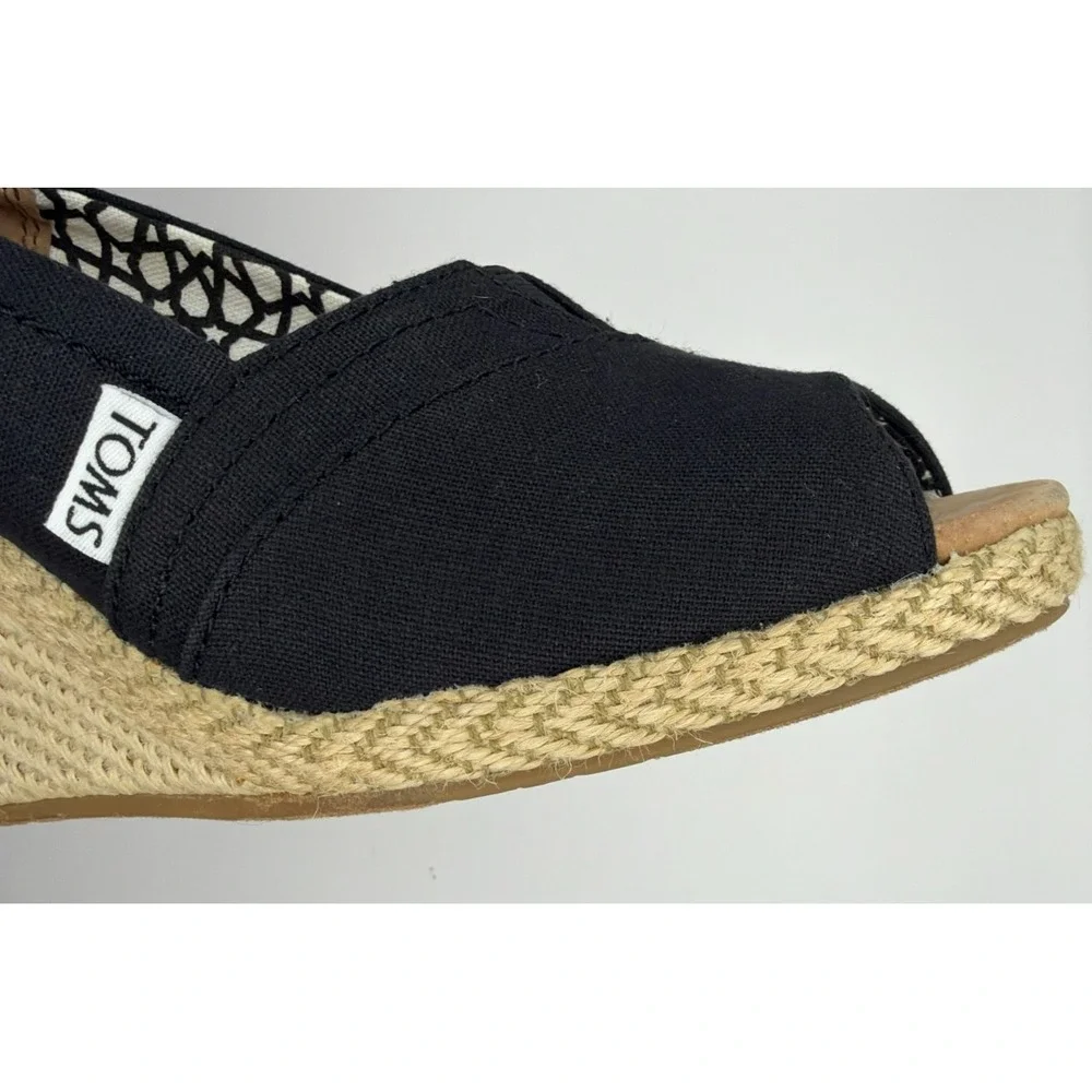 TOMS Womens 7.5 Black Canvas Peep Toe Espadrille Wedge Heels Slip On Shoes